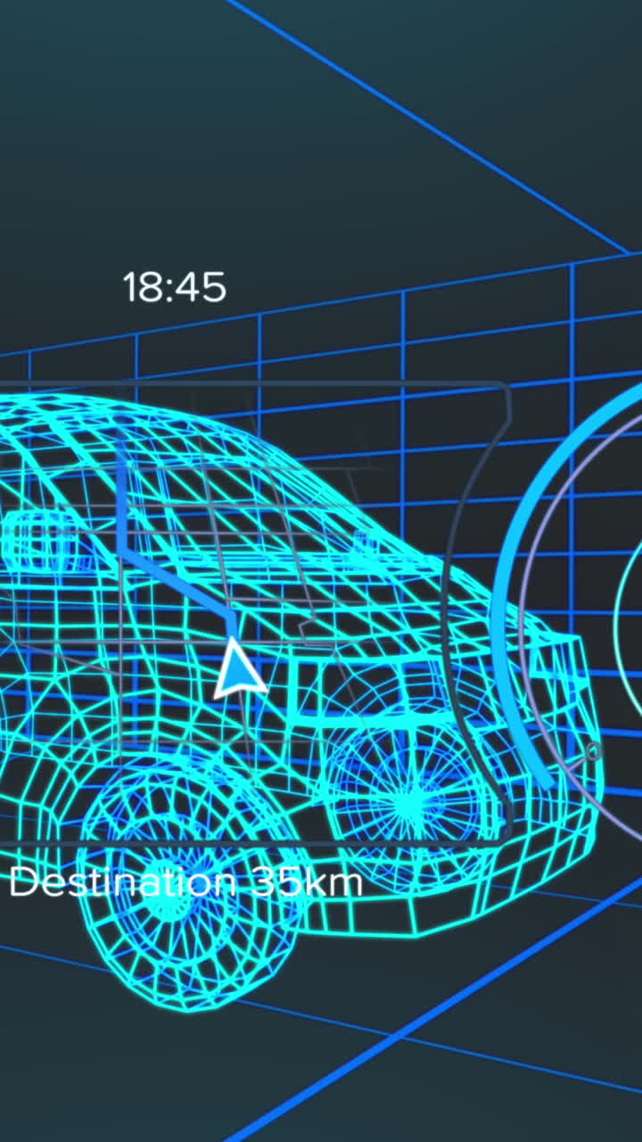 animación del velocímetro, el gps y los datos del estado de carga en la interfaz del vehículo, en un modelo de furgoneta 3d