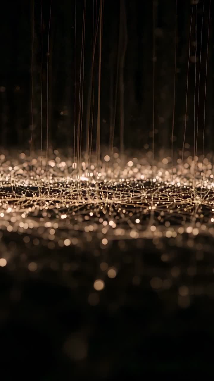 Video verticale: Fili che cadono colpiscono una vasta rete di fibre in uno studio buio, formando perle e un ricco effetto bokeh