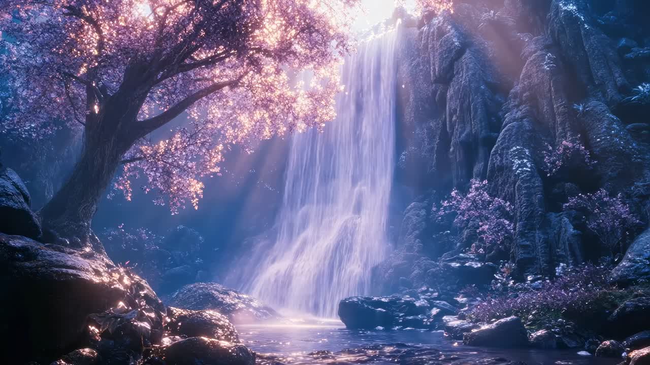 A serene fantasy landscape video with a low-angle view of a waterfall surrounded by cherry blossoms