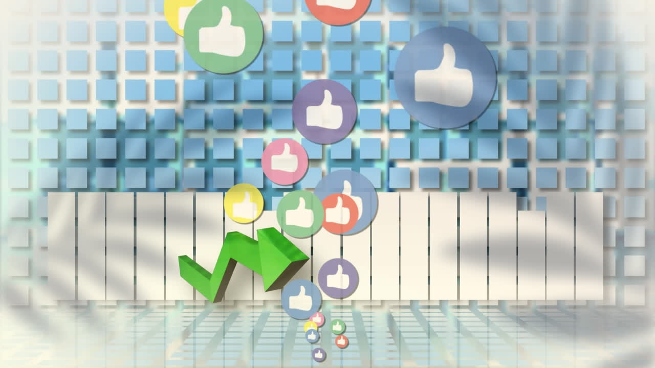 그래프 위에 떨어지는 소셜 미디어 아이콘의 애니메이션