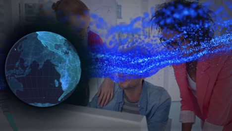 animation of global network and blue particles processing data over diverse colleagues in office