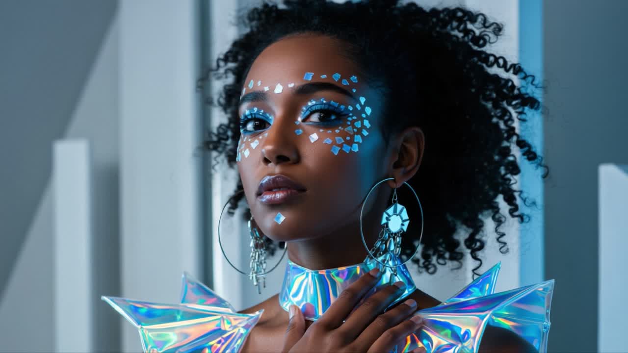 A Captivating Portrait of a Fashion Model in Futuristic Metallic Attire with Intricate Face Decoration and Striking Accessories, Emphasizing Beauty and Style