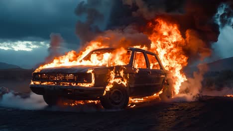 a burnt out car on fire in the middle of a desert