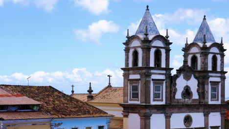 Aerial-view-of-a-top-of-a-church-close-to-Pelourinho,-Salvador,-Bahia,-Brazil