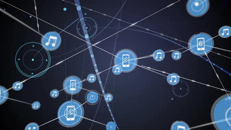 music and smartphone icons connected by lines, network communication animation