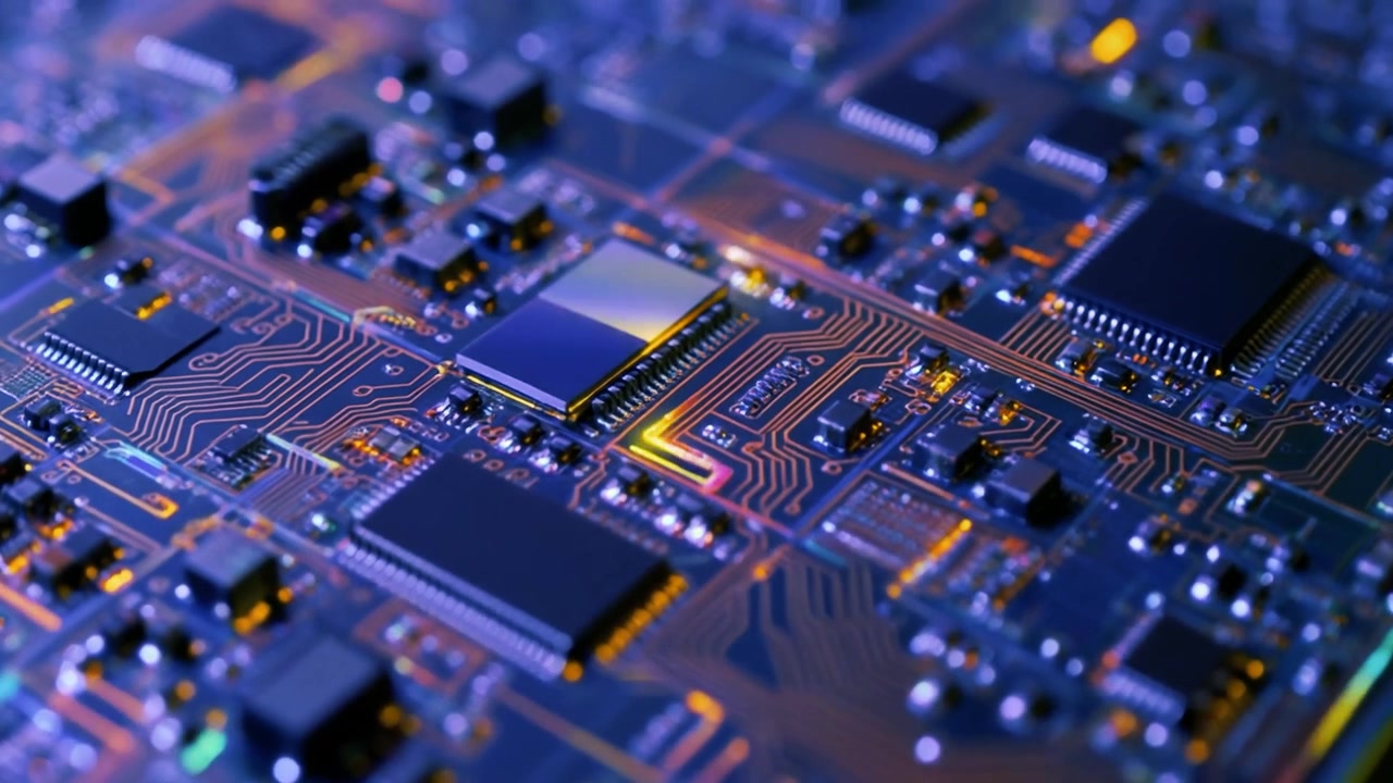 Close-up of a Modern Electronic Circuit Board with Glowing Components
