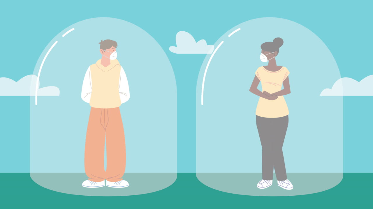 ilustración de distanciamiento social con personas que llevan máscaras