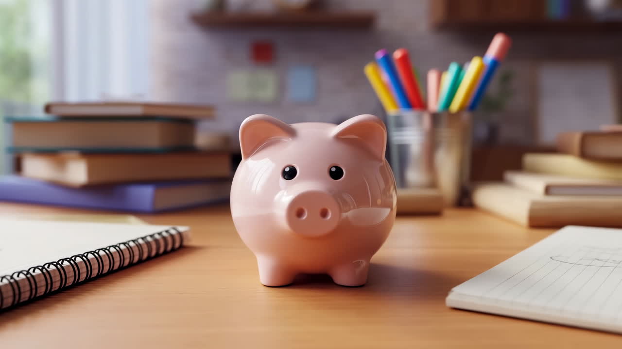 Cofrinho Rosa Na Mesa Rodeado Por Cadernos, Lápis de Cor Em Copo de Metal, Livros Didáticos Empilhados E Bloco Espiral