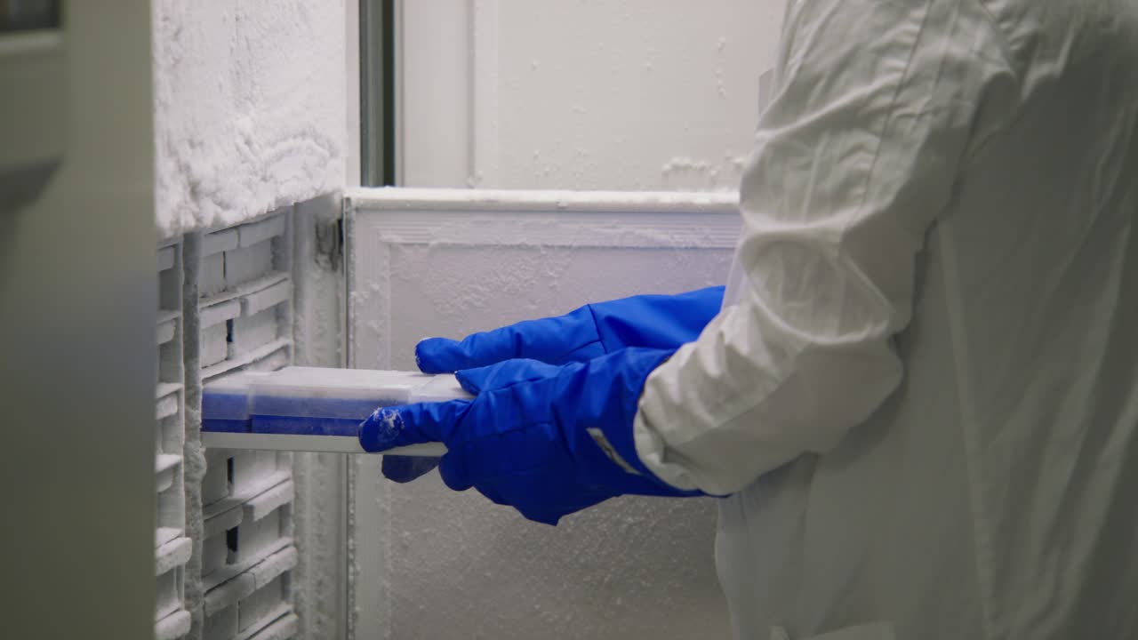 실험실 냉동고에서 혈액 샘플을 검사하는 과학자