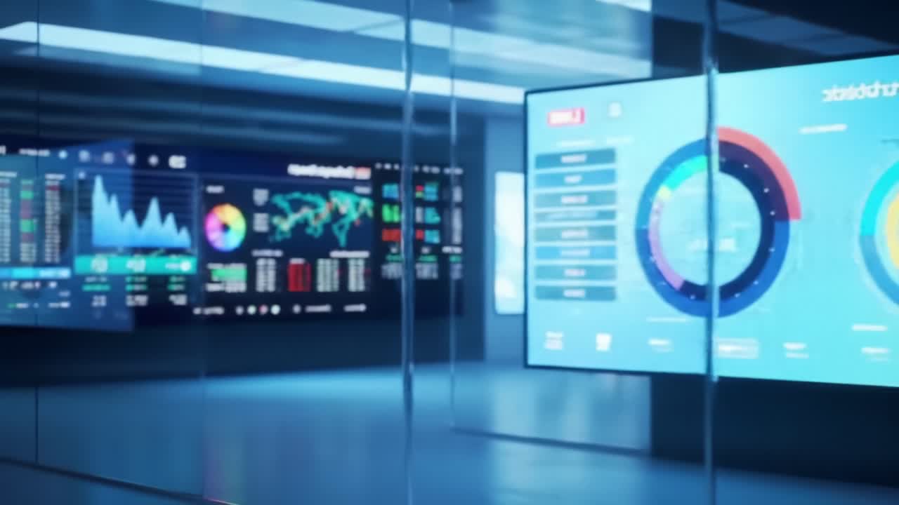 A High-Tech Control Room Featuring Advanced Data Visualization Displays Showcasing Real-Time Statistical Analytics and Global Performance Metrics in a Modern Environment
