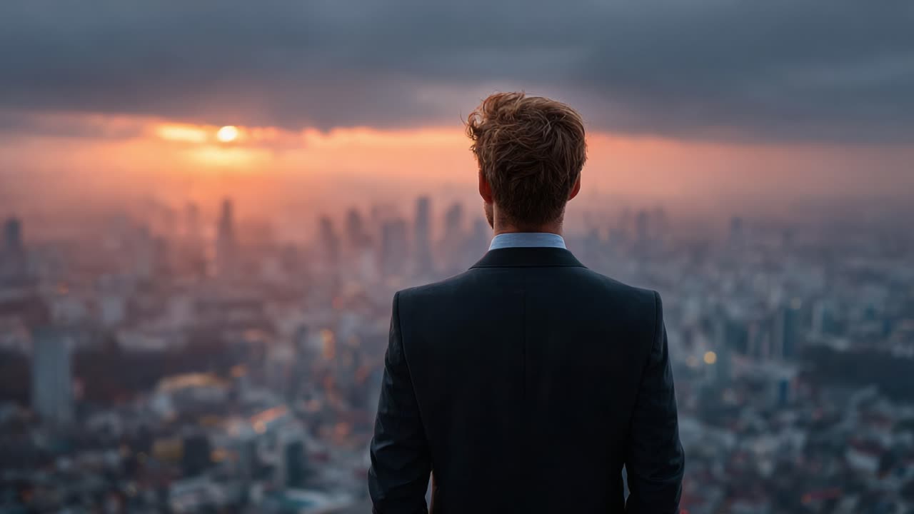 Contemplating Horizon: A Man in Formal Attire Gazes at a Cityscape Bathed in the Golden Glow of Sunset, Symbolizing Reflection and Possibility