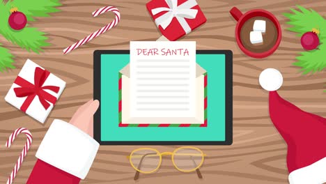 4k video animación vista superior de santa claus sosteniendo la tableta y abriendo el correo electrónico sobre la mesa de navidad. santa está haciendo clic en el sobre para abrir el correo con la carta de los niños.
