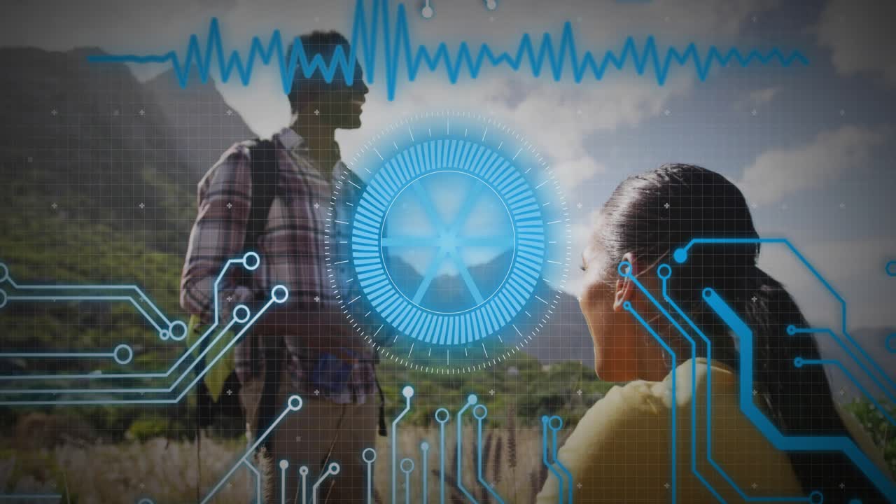 Donna escursionista accovacciata che attiva una sovrapposizione HUD tecnologica per analizzare i dati del terreno in una valle di montagna.