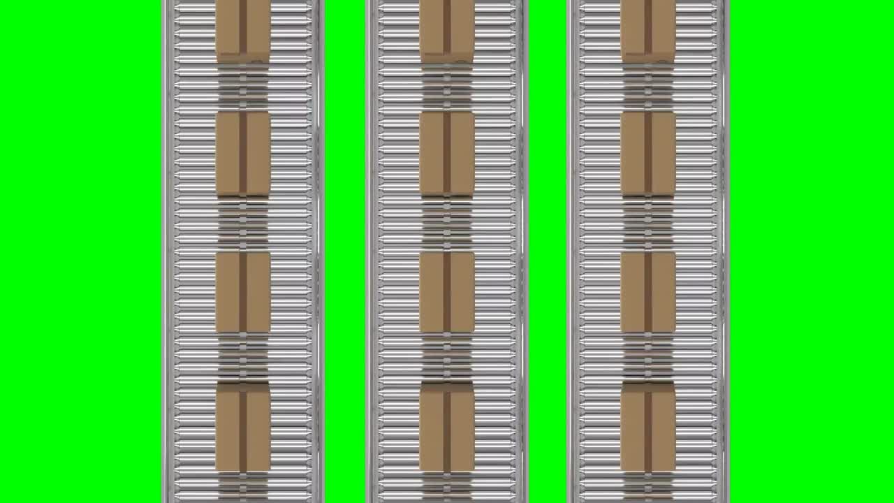 animación de cajas de cartón que se mueven en cintas transportadoras contra un fondo verde