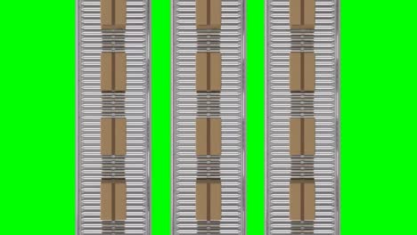 Animation-of-cardboard-boxes-moving-on-conveyor-belts-against-green-background