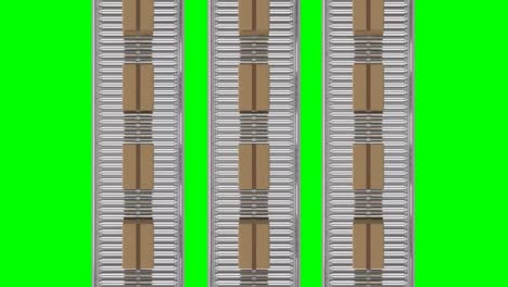 animación de cajas de cartón que se mueven en cintas transportadoras contra un fondo verde