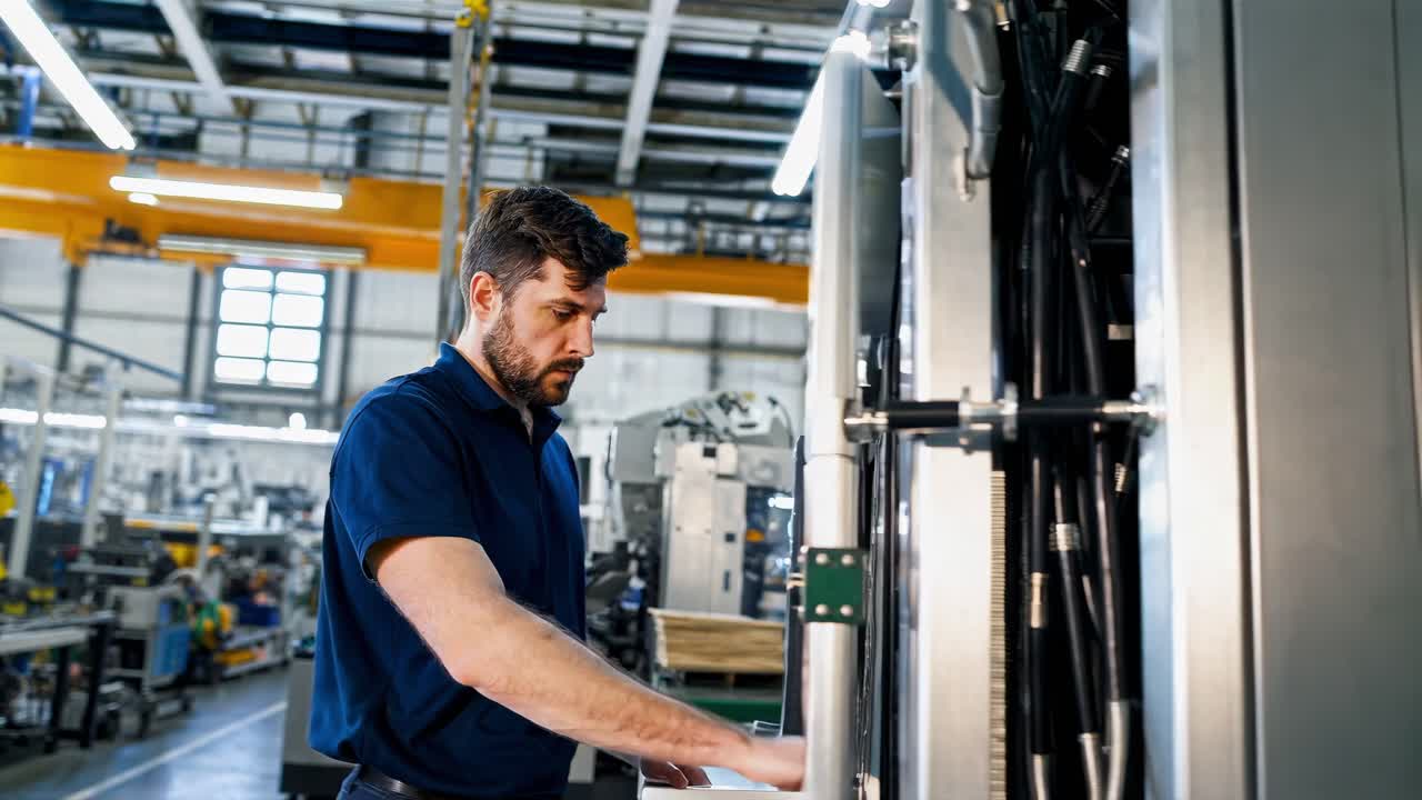 Manufacturing technician monitors and adjusts settings on advanced machinery in a brightly lit factory, ensuring smooth operation and high quality production