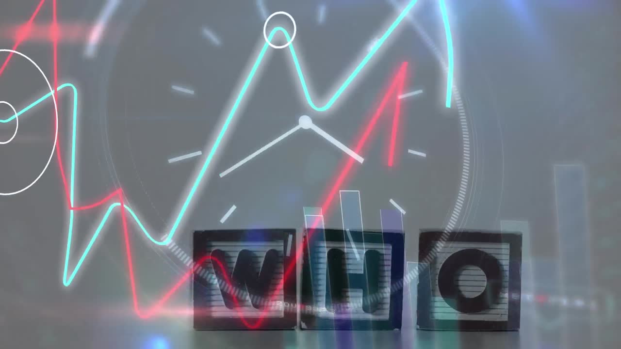 animación de gráficos, números, brillo de la lente, reloj digital, onda sonora y mapa, que el texto en cubo de madera