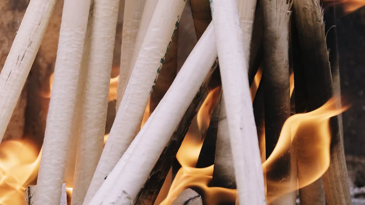 무료 정원 오븐에 있는 불타는 나무 더미에서 자세히 보기