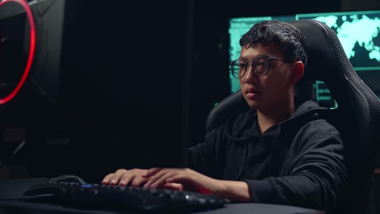 Asian Boy Hacker Using Computer Hacking And Looking, Pose To Camera