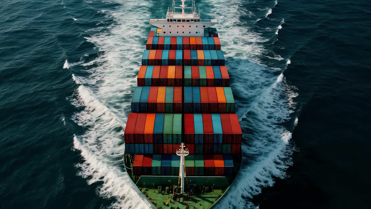 Aerial view of a cargo ship cutting through ocean waves, showcasing vibrant containers