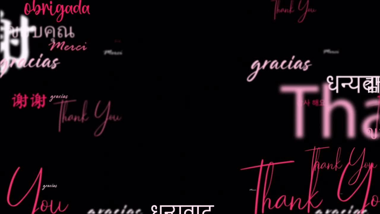 bucle de animación de gracias en diferentes tipos de idiomas palabra relacionada roja rosa palabra fluyendo. elemento para la introducción, estandarte de título en fondo negro