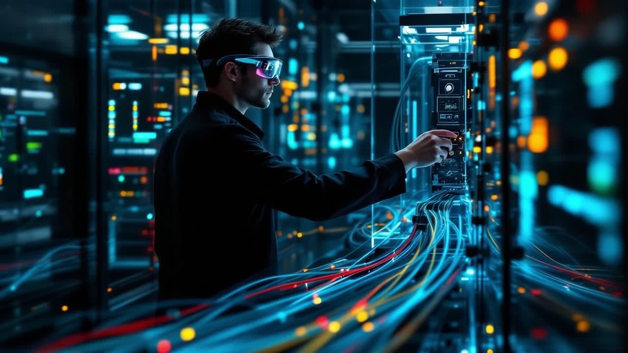 IT engineer wearing augmented reality headset working in futuristic data center, adjusting and controlling server parameters