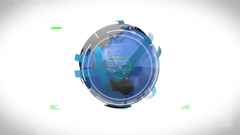 animation of scope scanning and data processing over globe on white background