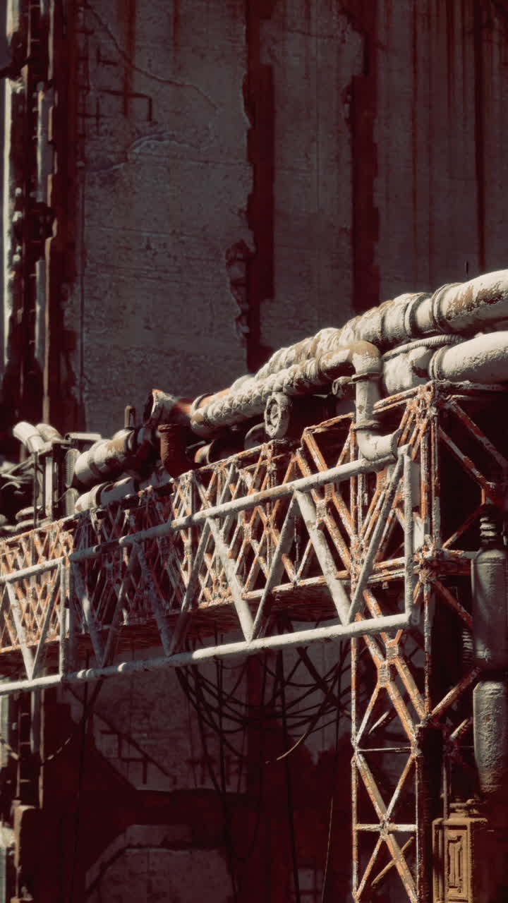 Urban industrial landscape showcasing pipes and structures in a desolate area