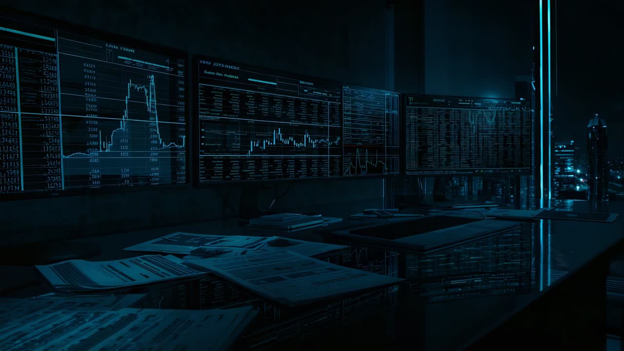 Sistema che esegue l'aggiornamento su tre monitor alla scrivania di notte, con report che mostrano dati finanziari