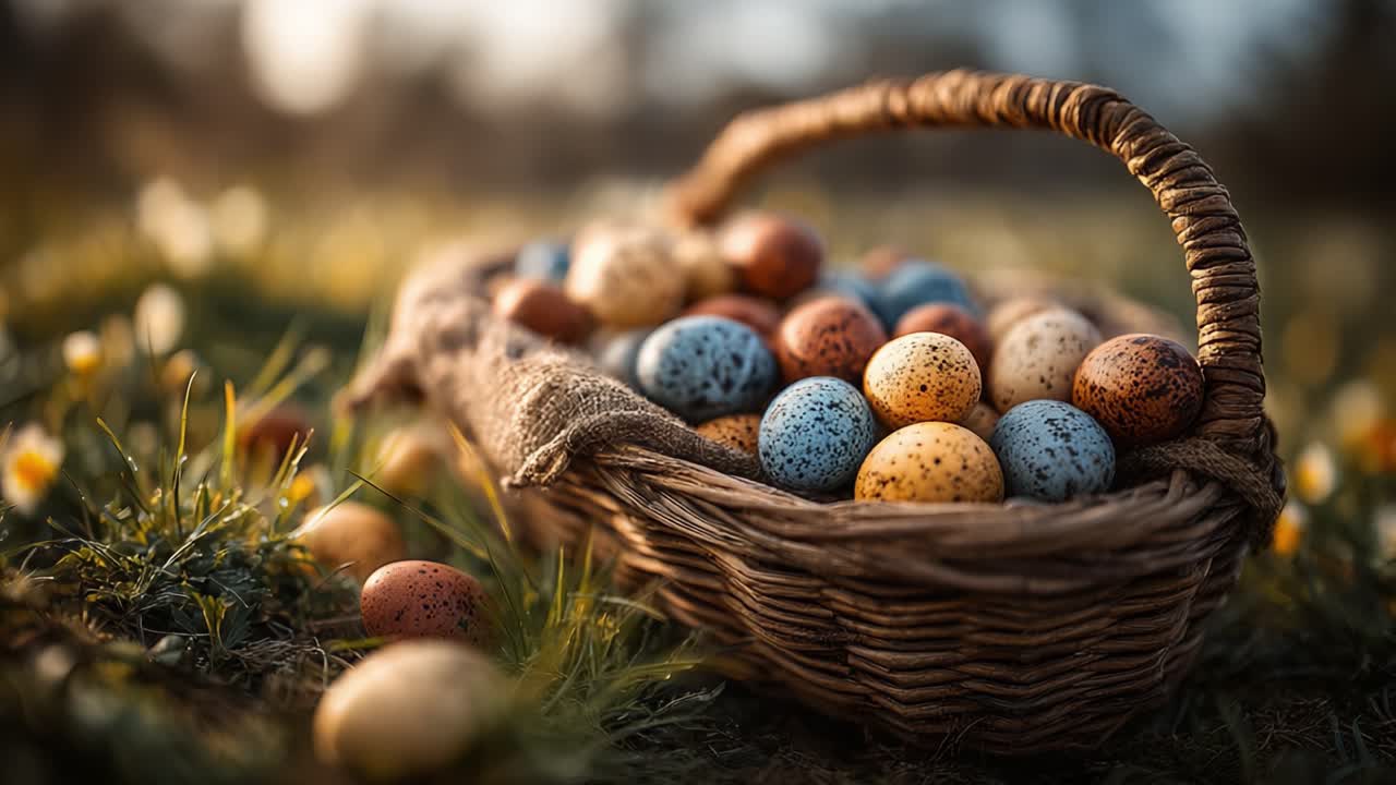 A beautiful woven basket filled with colorful, speckled eggs resting on a grassy field, captured in the warm light of a serene outdoor setting, evoking feelings of spring and celebration