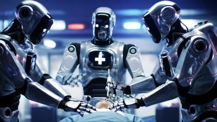 In a futuristic medical facility, three robotic surgeons collaborate to conduct a challenging surgical procedure. The environment is sleek and highly advanced, showcasing cutting-edge technology.