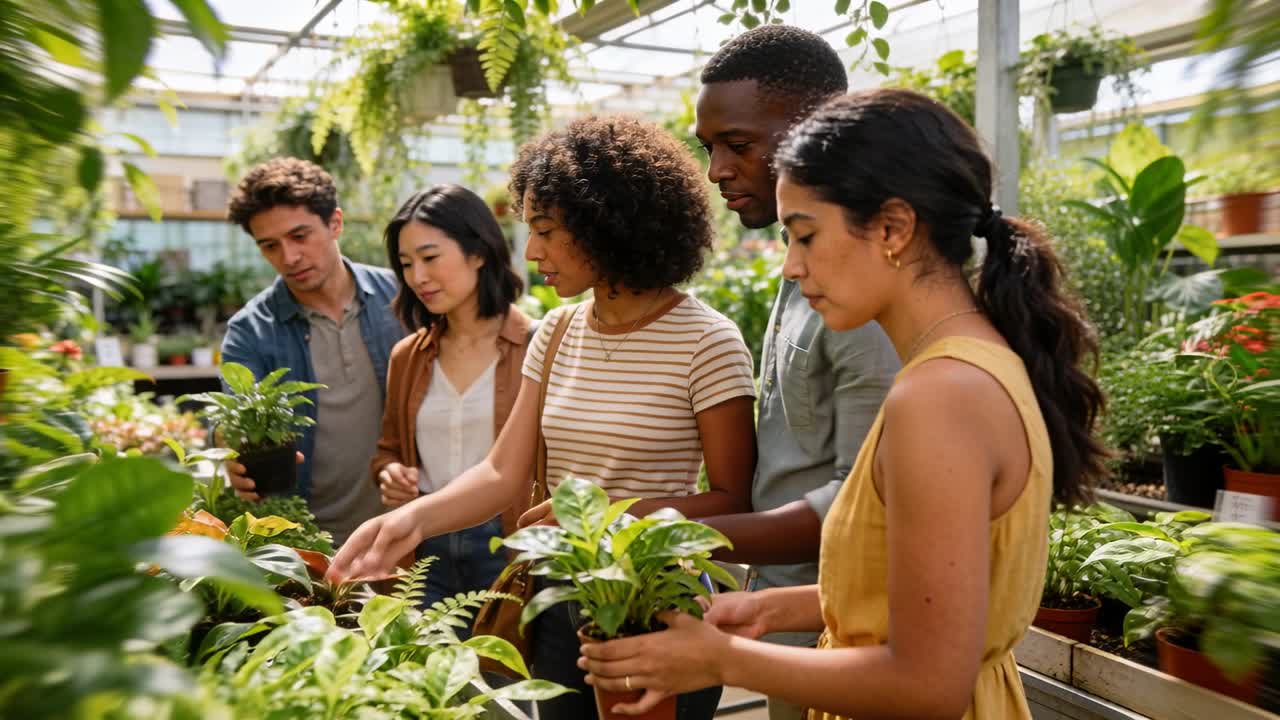 Five adults browsing gardening plants, person pointing at fern, group checking leaves to select