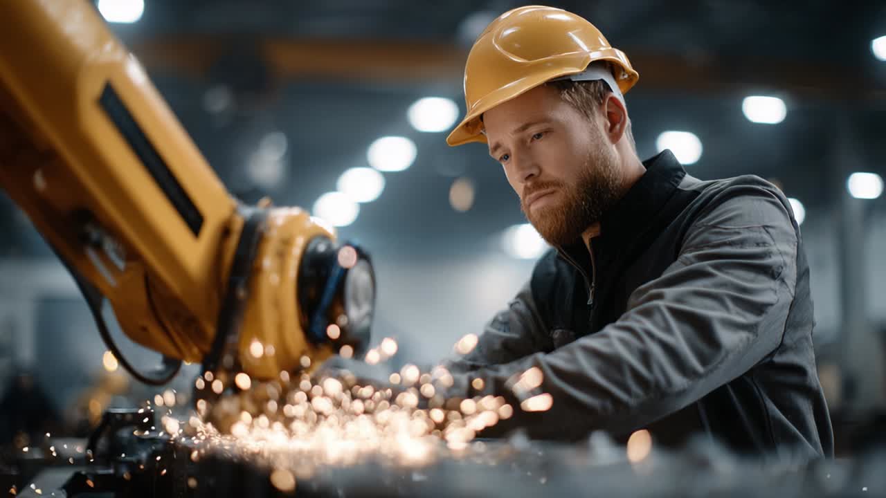 Fokusert arbeider i verneutstyr betjener en robotarm for metallbearbeiding, omgitt av gnister og et travelt industrimiljø, som viser presisjon og teknologi