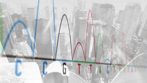 digital composition of heart rate monitor against overhead view of cityscape