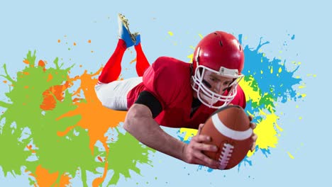 animation of american football player with ball over colourful splodges