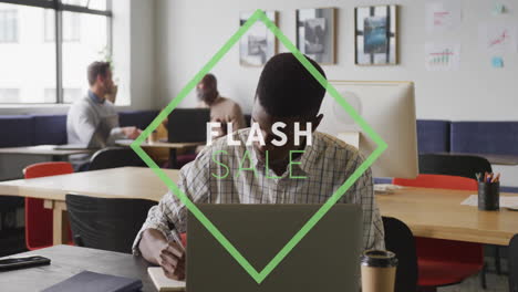 man working at desk with flash sale text animation over office scene