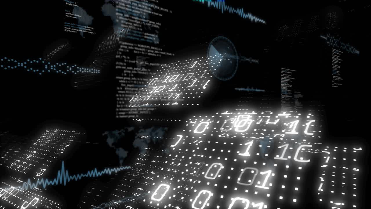 Abstract digital landscape showing floating code panels and binary grid forming 3D visualization