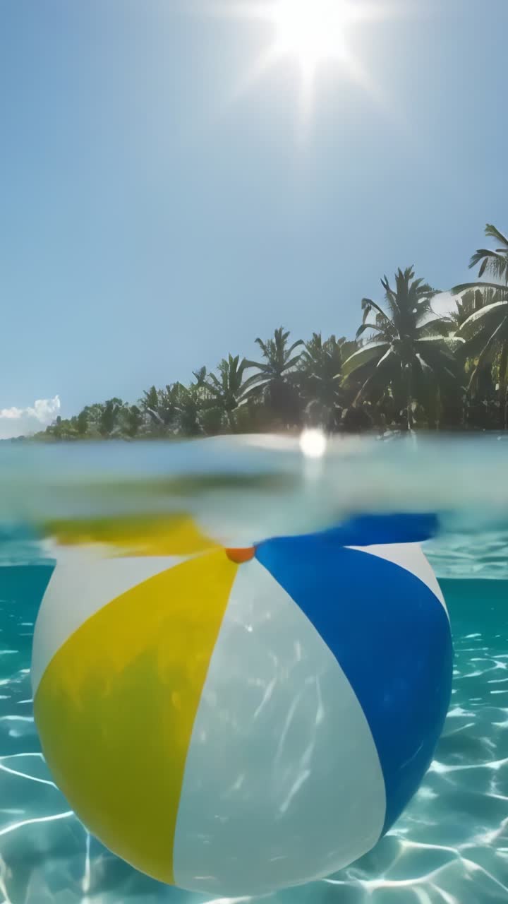 Vertical video: Bobbing multicolor inflatable beach ball rotating at tropical shoreline by ripples