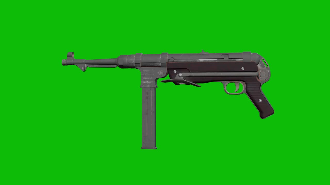 modelo 3d de una ametralladora mp40 de la segunda guerra mundial girando 360 grados en pantalla verde animación 3d