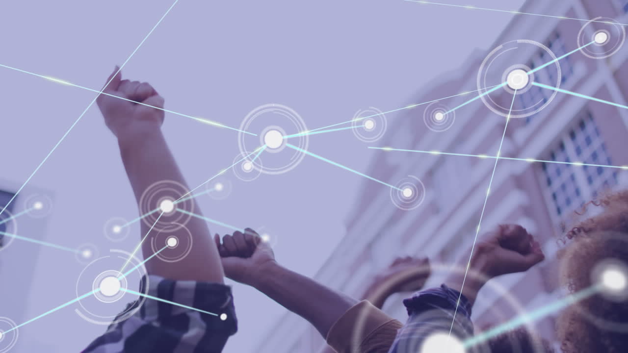 Animation of network of connections over diverse people raising hands