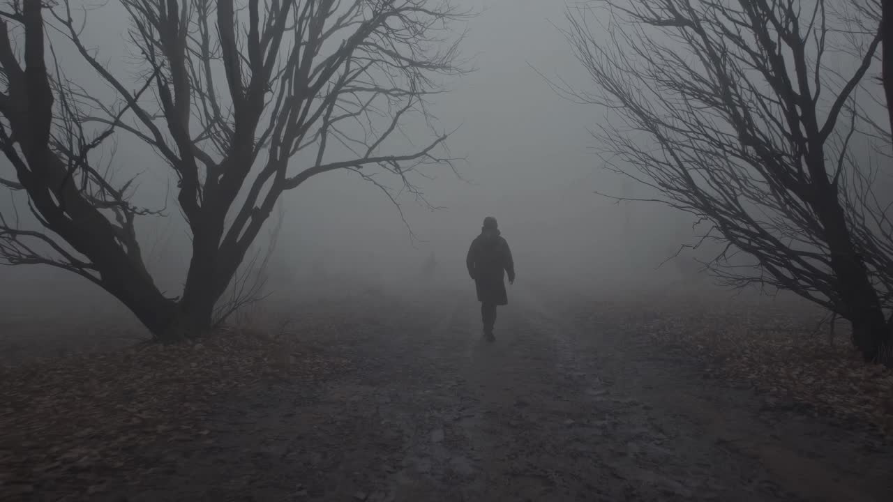 A moody, cinematic video still of a lone figure walking through a foggy forest