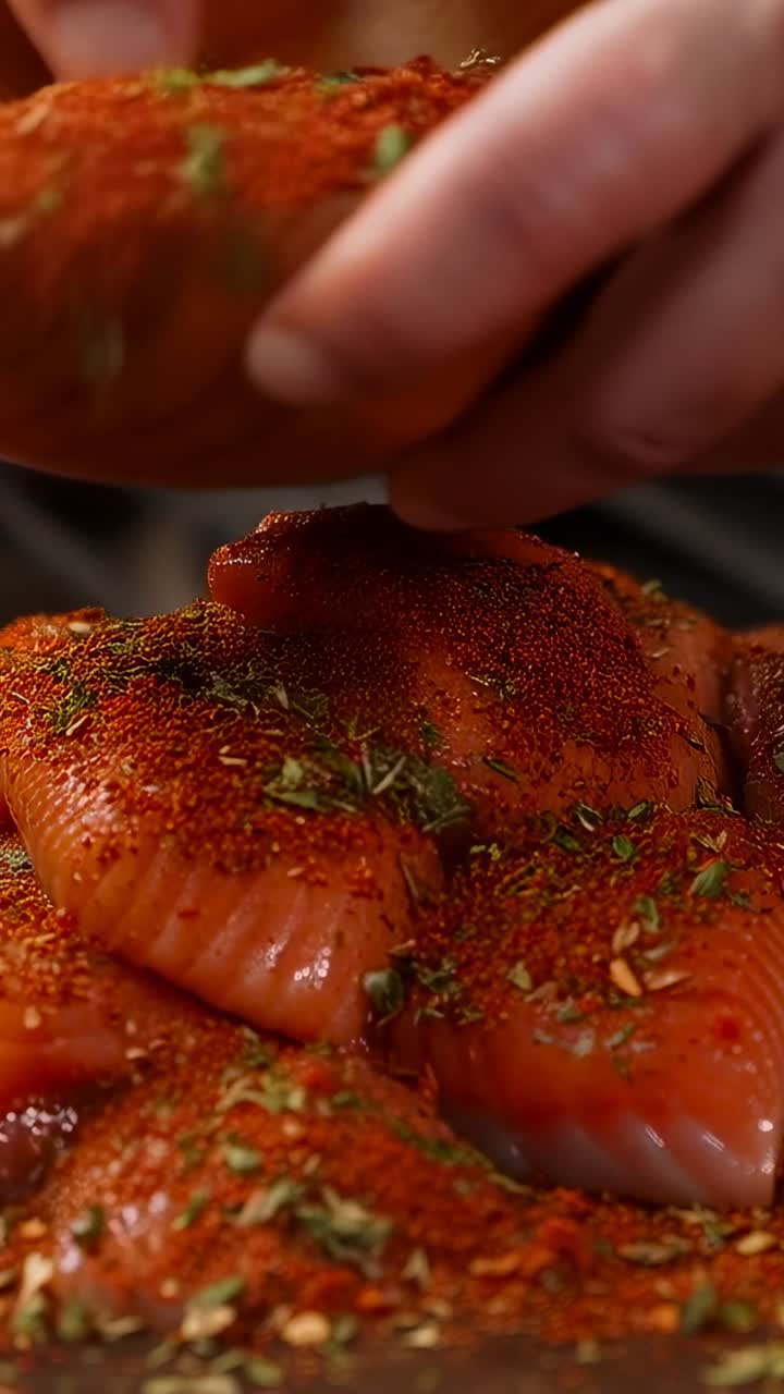 Video verticale: ciotola inclinata, mani che condiscono filetti di salmone su un vassoio con spezie ed erbe aromatiche per la cottura