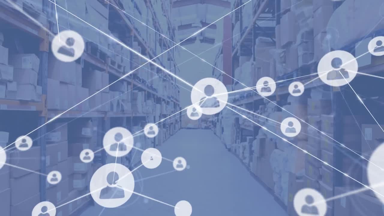 창고에 대한 사람 아이콘과의 연결 네트워크의 애니메이션