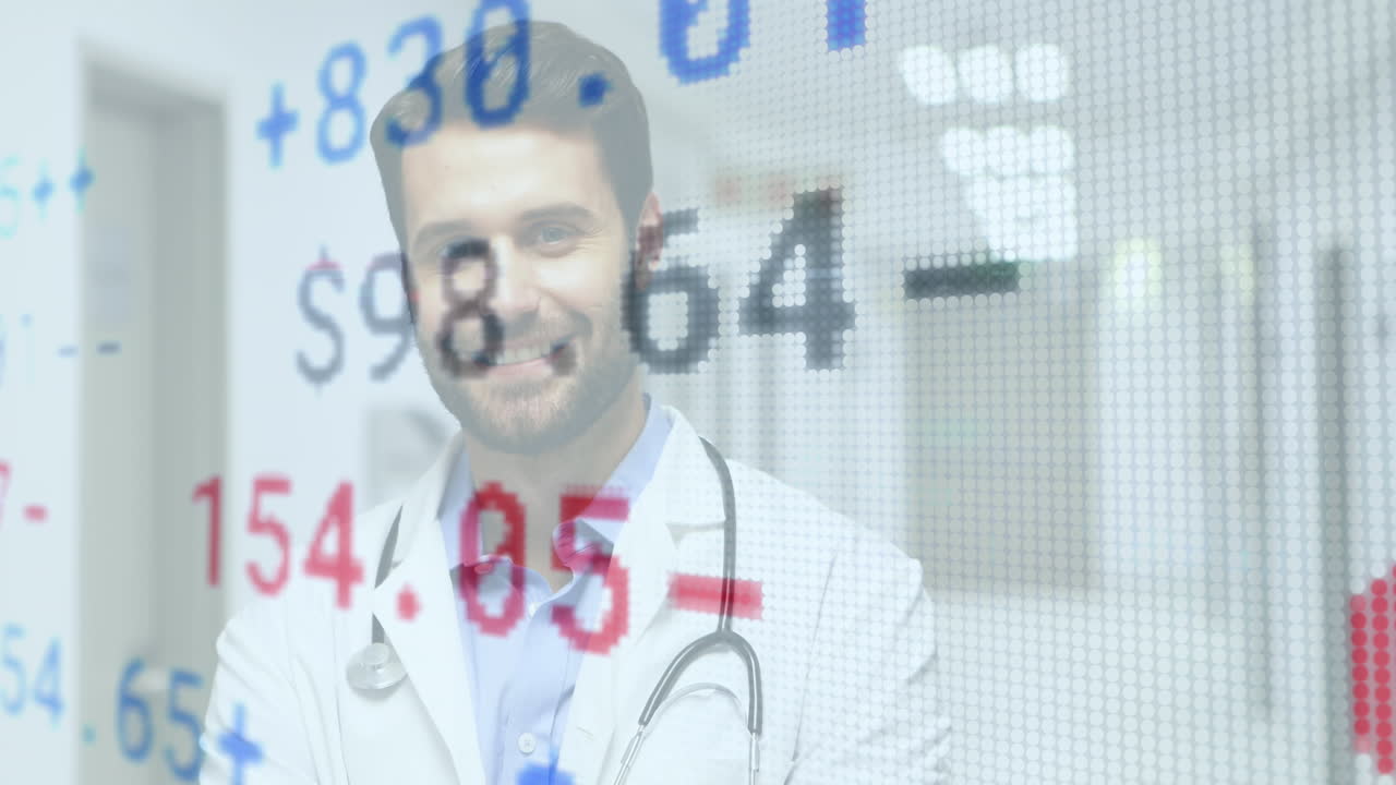 animación del procesamiento de datos financieros sobre un médico caucásico sonriente