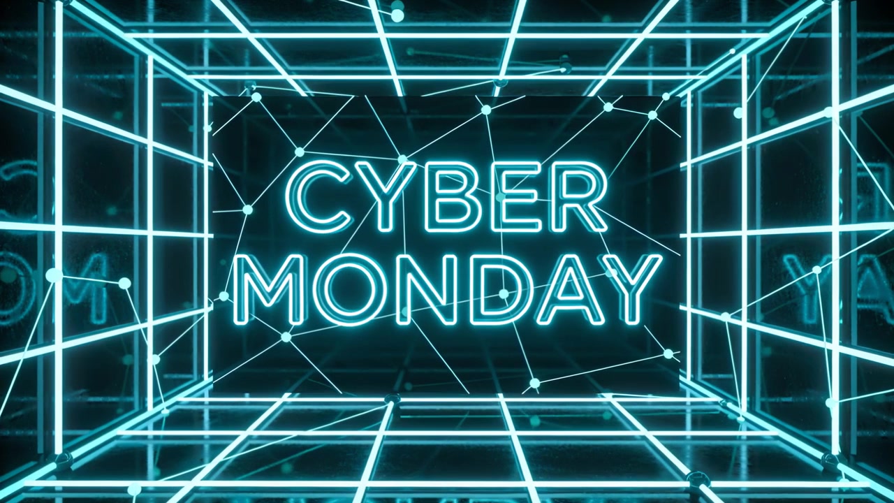 Bevægende kamera nærmer sig gennem en neongittertunnel, der fremhæver et cyan CYBER MONDAY-skilt til salg
