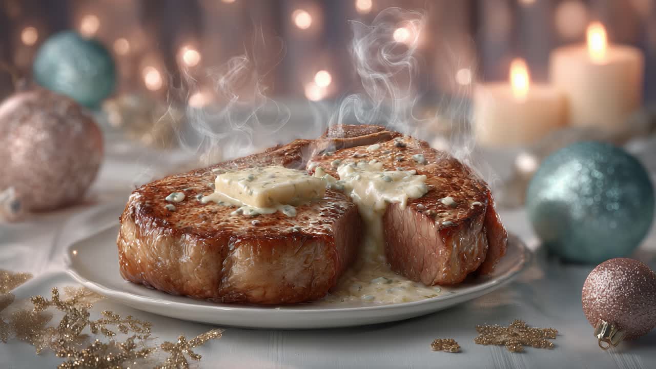 A Deliciously Juicy Steak Dinner with Sizzling Butter Melting on Top, Surrounded by Cozy Holiday Decor and Soft Glowing Candlelight for a Warm Festive Atmosphere