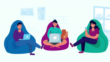 personas que usan computadoras portátiles en sofás y gatos permanecen en casa campaña