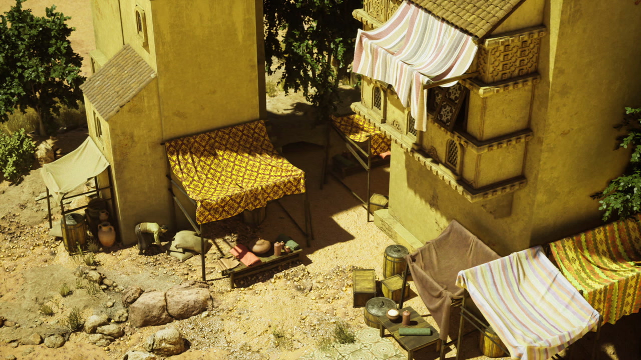 Colorful market scene vivid street market with textiles and shadows