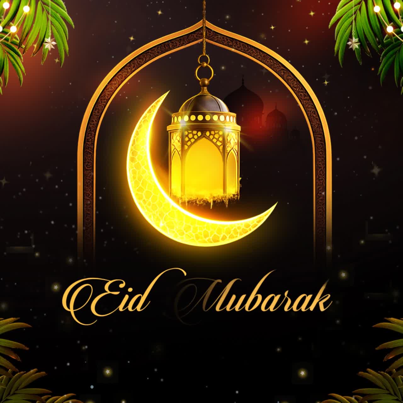 Design di animazione per auguri Eid Mubarak. Lanterna luminosa appesa all'interno di un arco ornato con sfondo di luna crescente e stelle.